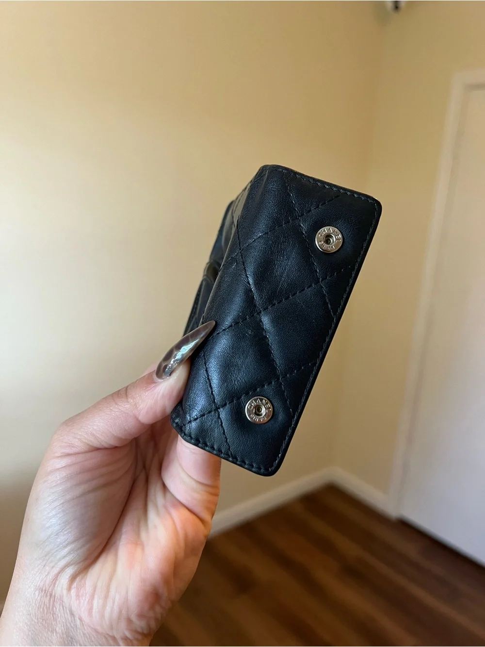 CHANEL Black Leather Key & Card Holder with Pink Interior